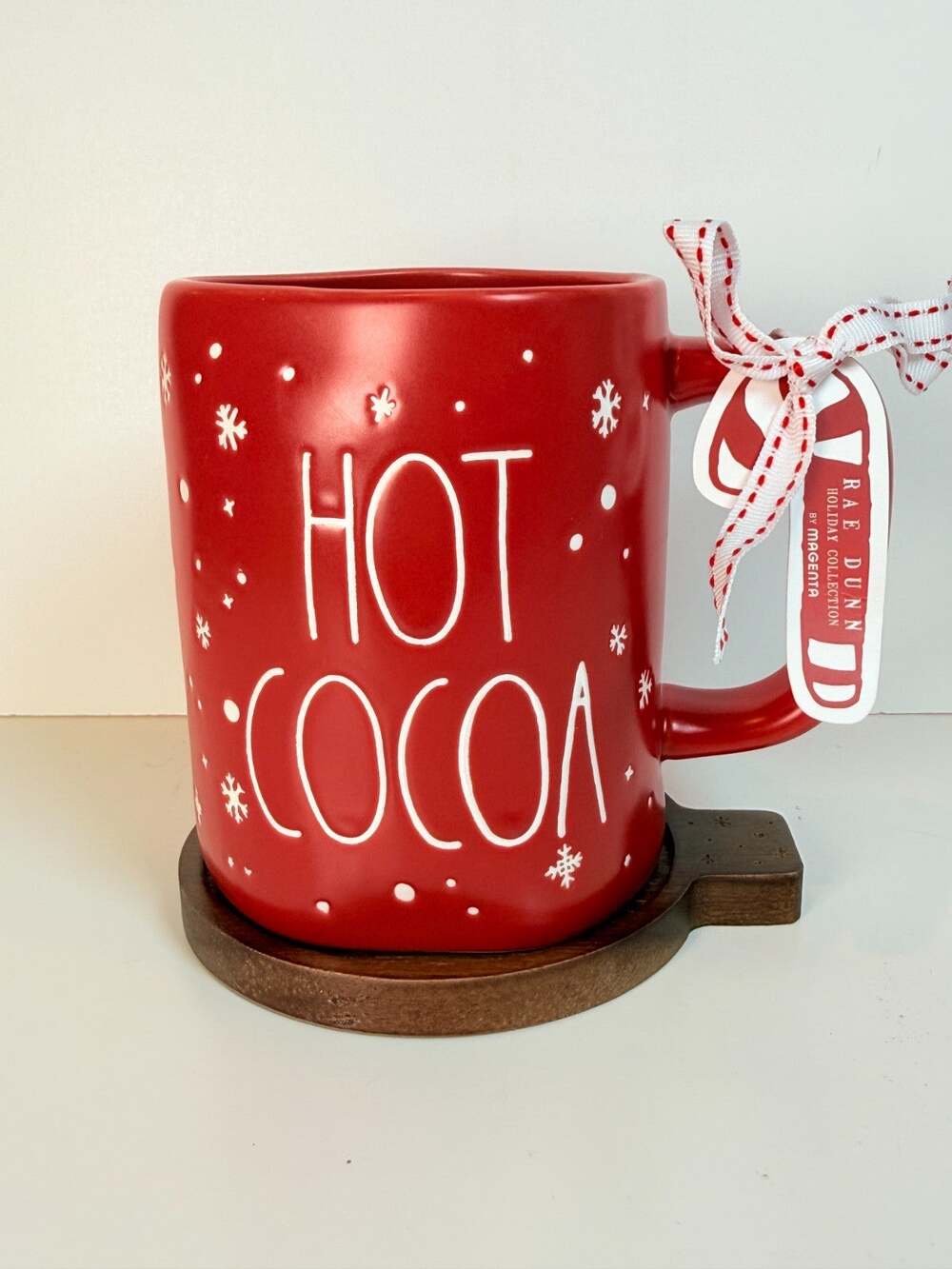 Rae Dunn HOT COCOA Red Christmas Mug with Wood Coaster Snowflakes NWT